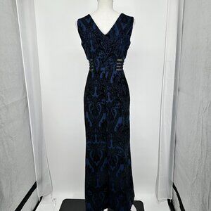 In Focus Studio Blue and Black Paisely Evening Dress with Black mesh sides sz 6